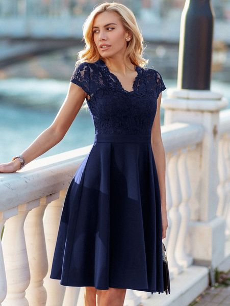 

miusol solid flared hem lace dress s96y#, Black;gray