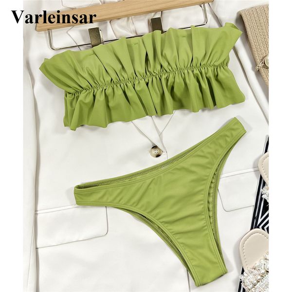

ruffled bandeau bikini women swimwear female swimsuit two-pieces bikini set strapless bather bathing suit swim v3408g, White;black