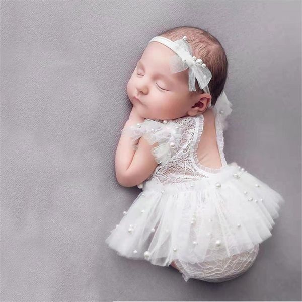 

born pography clothing bow pearl headbandromperskirt 3pcsset baby girl po prop accessories infant shoot clothes 220617, White