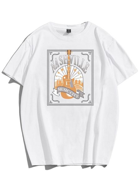 

romwe guys guitar letter graphic tee c0ia#, White;black