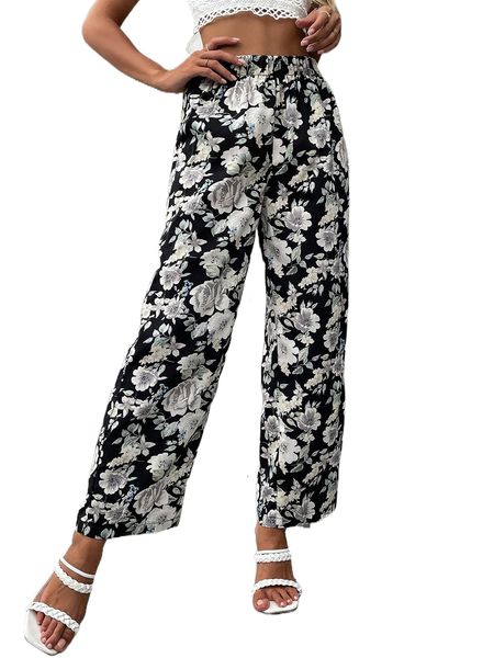 

floral print elastic waist pants s3cc#, Black;white