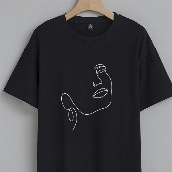 

simple line art face shirts for women ops summer loose cotton 90s aesthetic casual shirt vintage harajuku tshirt streetwear 220609, White