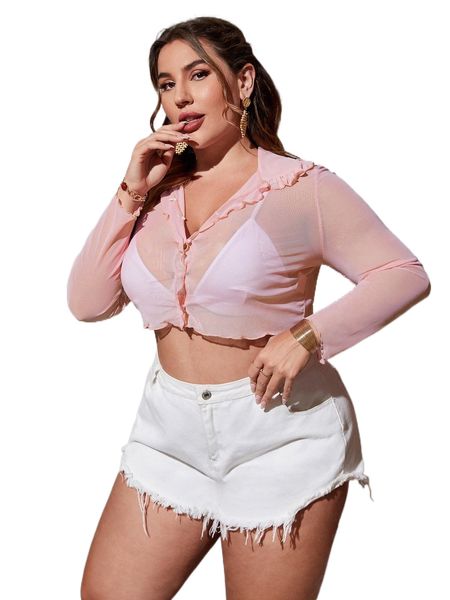 

plus lettuce trim crop mesh without bra d3wa#, Black