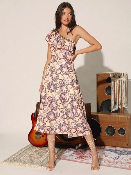 

one shoulder ruffle trim floral print dress h0jy#, Black;gray