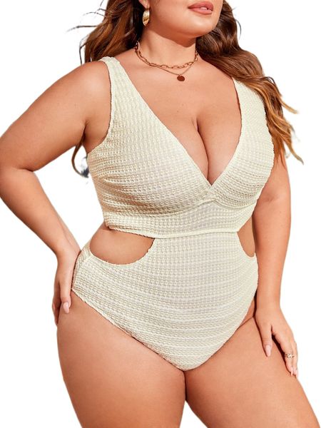 

plus cut out textured one piece swimsuit m5vt#, White;black