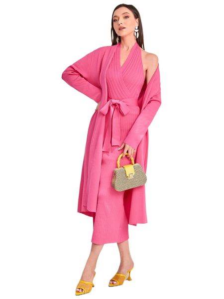 

duster cardigan & belted sweater dress f84w#, White;black