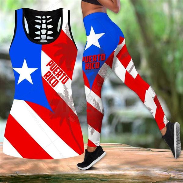 Женские танки Camis Puerto Rico Flag Lover Combo Outfit Leggings и выдолбленные резервуар Топ Костюм Йога Фитнес Мягкие Летоные Женщины для G