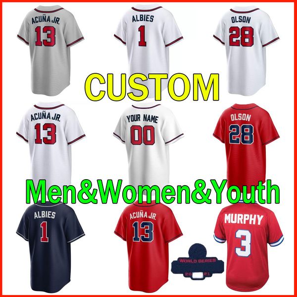 

2022 dansby swanson baseball jerseys 13 ronald acuna jr. 27 austin riley 1 ozzie albies 28 matt olson jersey custom men women youth chipper, Blue;black