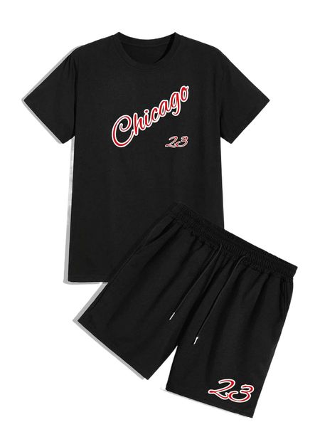 

men letter graphic tee & drawstring waist shorts e2na#, Gray