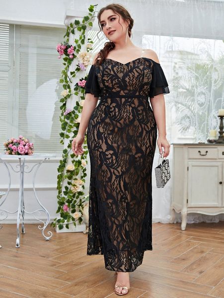 

plus off shoulder lace overlay dress 01ka#, Black