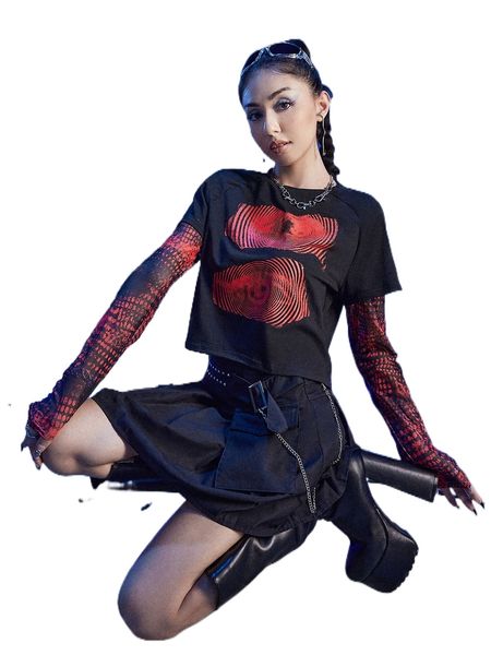 

romwe cyber luvr eye print contrast sleeve tee a6nm#, White