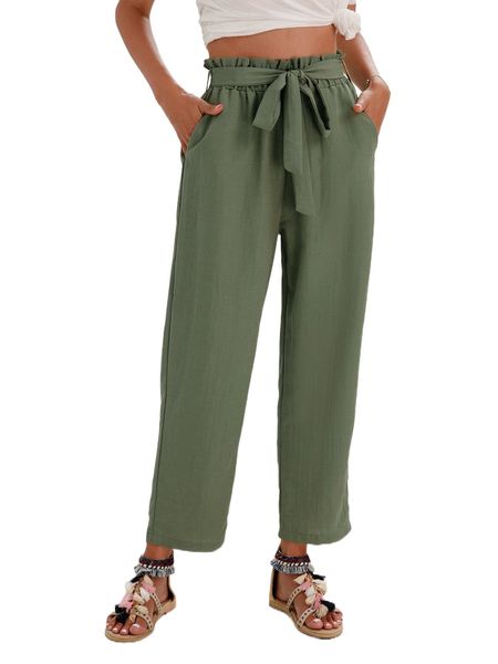 

paper bag waist belted pants y82q#, Black;white