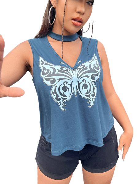 

plus butterfly print choker neck tank 06qx#, Black