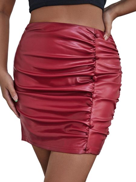 

high waist ruched pu leather bodycon skirt g8y6#, Black