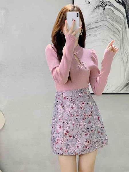 

women's tracksuits export to france foreign trade tail order big brand label cutting counter autumn cheongsam button knit floral skirt, Gray