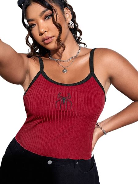 

plus spider embroidery contrast binding cami 00ba#, Black