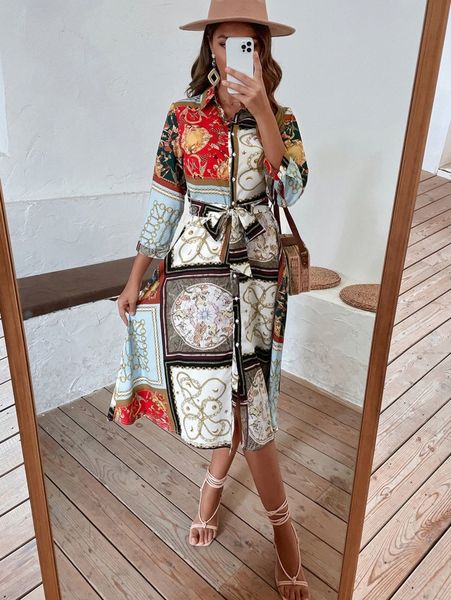 

scarf print shirt dress with belt k9ae#, Black;gray