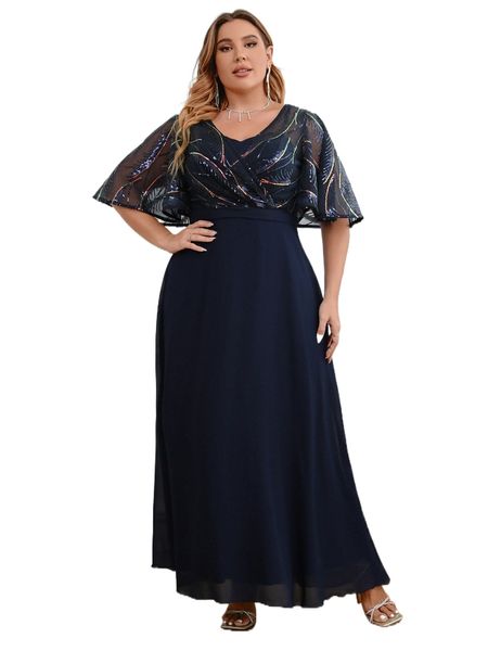 

plus contrast sequin flutter sleeve v-back chiffon bridesmaid dress p55r#, Black
