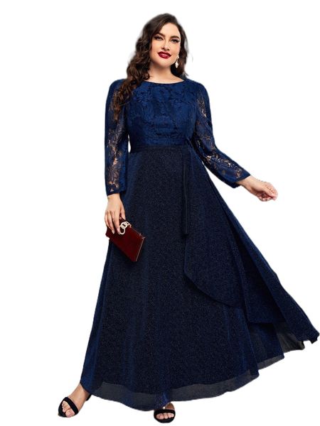 

plus contrast lace wrap hem glitter dress z692#, Black