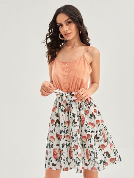 

floral print ruffle hem belted cami dress k4wg#, Black;gray