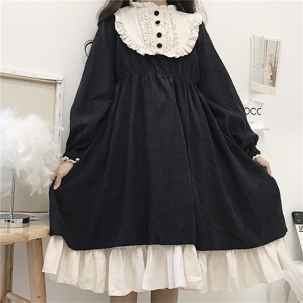 Vestidos casuais estilo japonês estilo outono oneck high slimming slimming contrastcolor babado doce vestido lolita kawaii roupas 220913