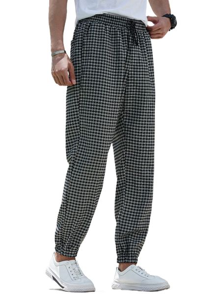 

men glen plaid drawstring waist pants u1jp#, Black