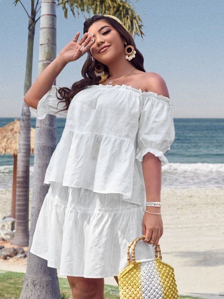 

plus off shoulder frill trim peplum blouse v6kk#, Black