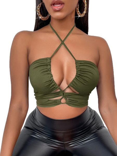 

crisscross drawstring tie back crop halter g7pt#, White