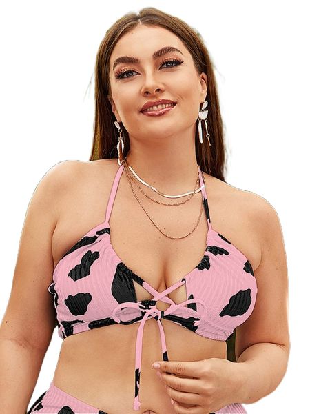 

plus cow print crisscross knot front halter bikini c9wr#, Black