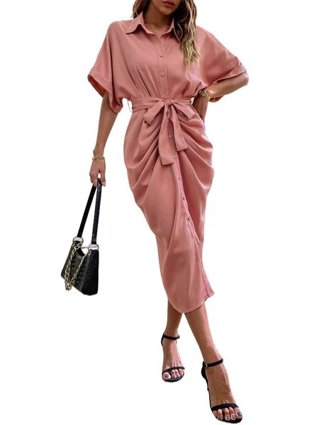 

solid button up belted ruched dress l3lq#, Black;gray