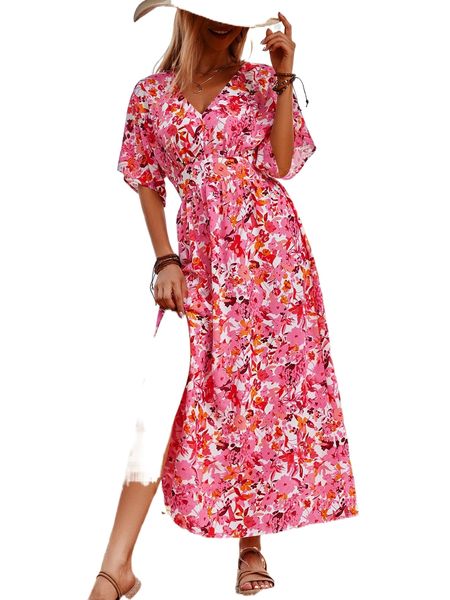 

floral print batwing sleeve split thigh dress h5es#, Black;gray