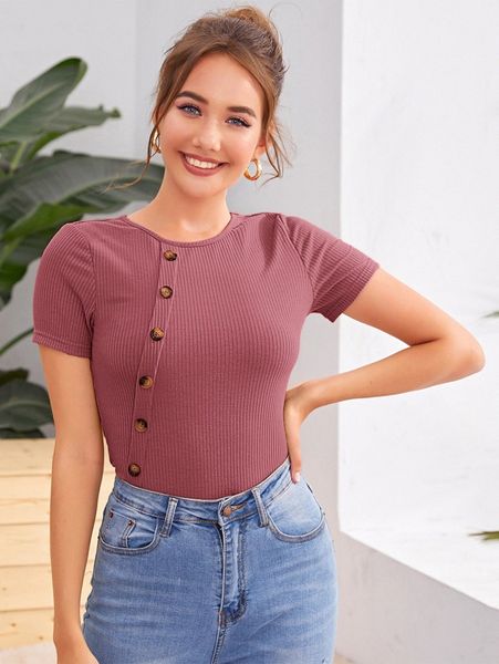 

button detail rib-knit slim tee d6j1#, White