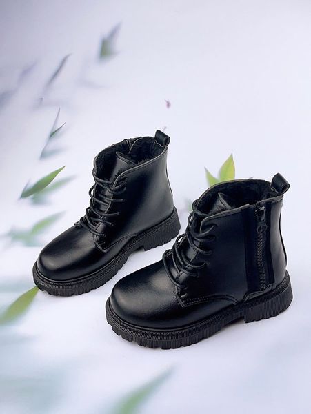 

boys side zipper lace-up front combat boots she01, Black;grey