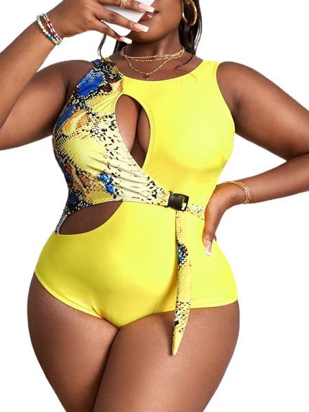 

plus snakeskin cut-out release buckle detail one piece swimsuit j61k#, White;black