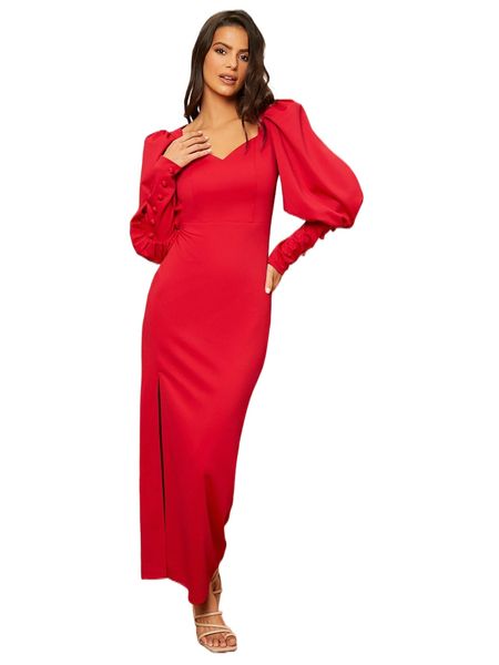 

sweetheart neck button cuff lantern sleeve split thigh dress n5zb#, Black;gray