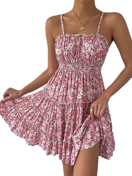 

allover floral print crisscross backless shirred frill trim cami dress w1pk#, Black;gray