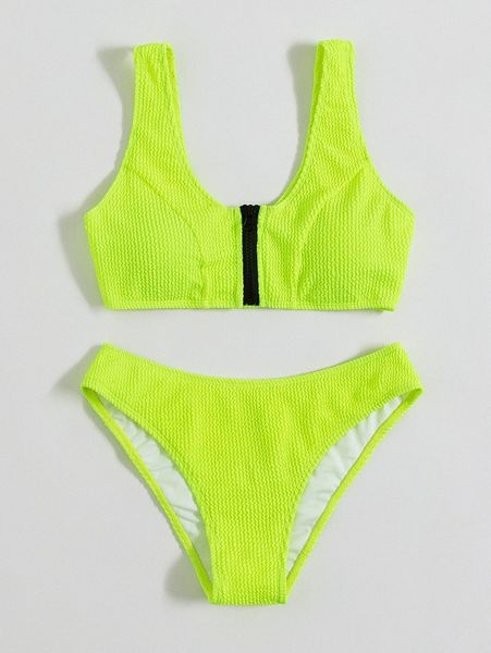 

textured zip front bikini swimsuit 75es#, White;black