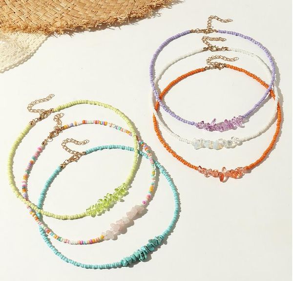 Perline di semi colorati Chocker Boho Collana di perline arcobaleno Pietre preziose naturali Turchese Ametista Collane di pietre grezze per le donne Gioielli da viaggio estivi da spiaggia Commercio all'ingrosso