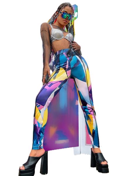 

allover print high waist pants m5th#, Black;white
