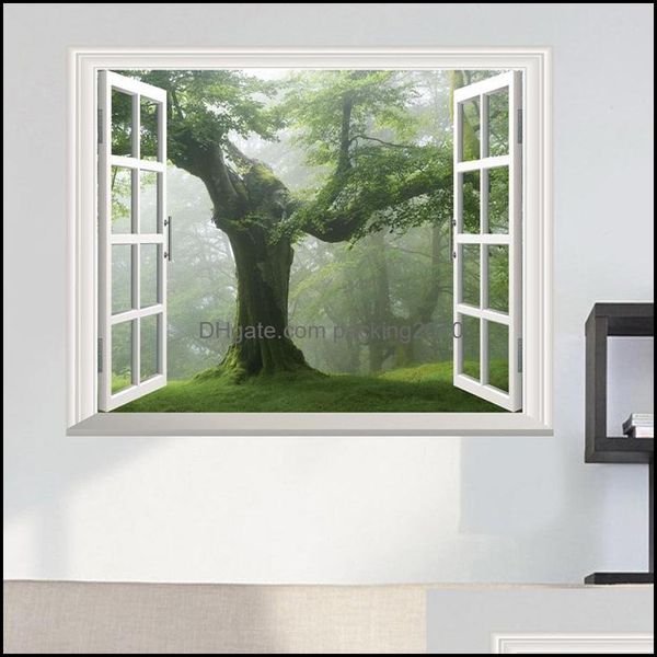 Adesivos de parede decoração de casa jardim verde floresta velha árvore 3d vista de janela decalque uma grande decoração de adesivos sala de estar entrega de gotas diy 2021 iqa