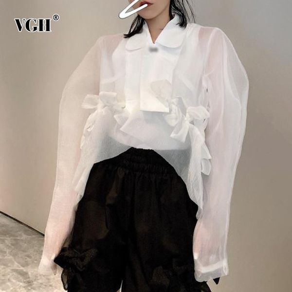 

white patchwork bowknot straight shirts for women lapel long sleeve short casual blouses female summer fashion clothing 210507