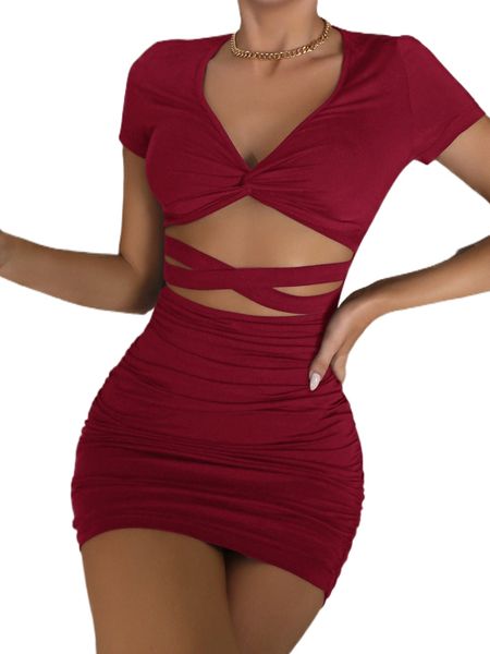 

criss cross cut out ruched side bodycon dress 74ky#, Black;gray