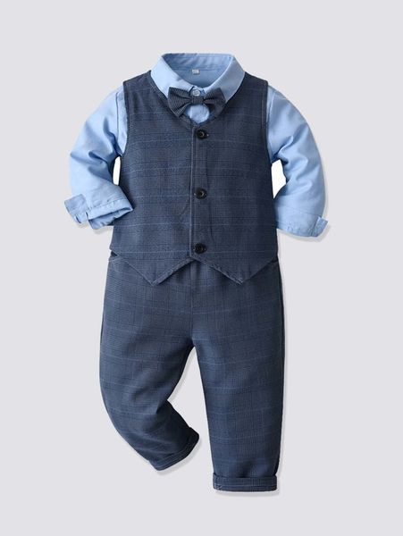 

toddler boys plaid print vest coat & bow front shirt & pants she, White