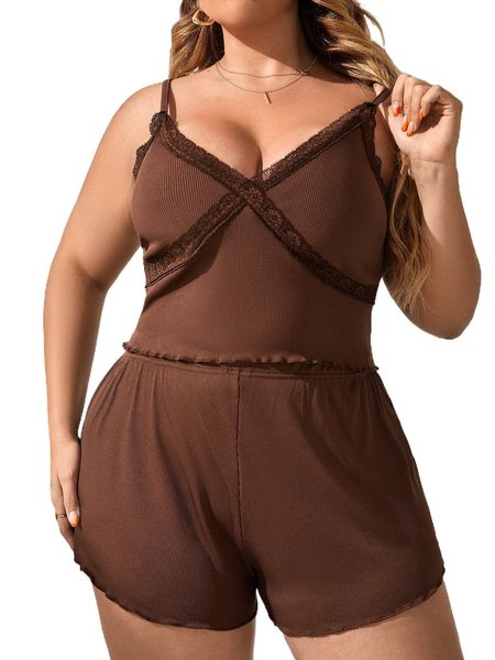 

plus contrast lace rib-knit lettuce trim cami lounge set 001g#, Black;white