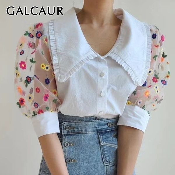 

galcaur korean mesh print shirt woman lapel collar puff sleeve patchwork oversize blouse female summer fashion clothes y200622, White