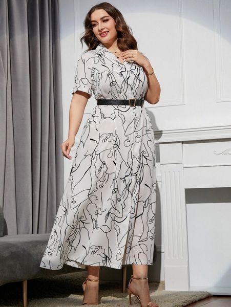

plus abstract print shirt dress without belt q6tw#, Black