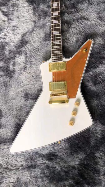 

neck through body classic white explorer electric guitar gold hardware with gold pick guard can customize