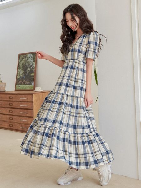 

dazy plaid print surplice neck puff sleeve ruffle hem dress a1x2#, Black;gray