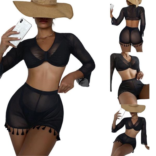

women's swimwear ladies black two pieces bikini set long sleeve cover up women swimsuit bathing suit beachwear swimming suitwomen', White;black