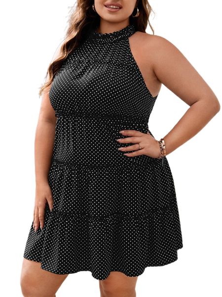 

plus polka dot frilled halter neck dress b4pp#, Black